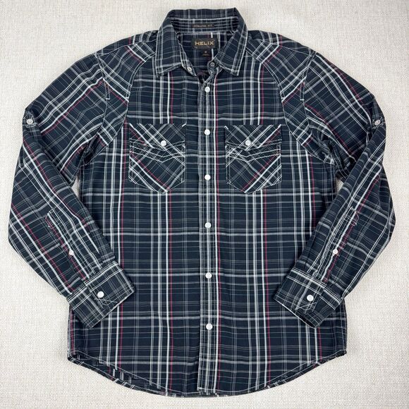 Helix Men's Athletic Fit Western Cowboy Pearl Snap Plaid Long Sleeve Shirt - Picture 1 of 15